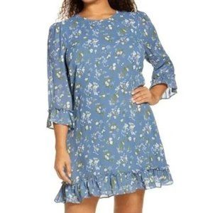 New Reformation Doutzen Avery Mini Dress  Blue Floral Ruffles Plus size 20 #1079